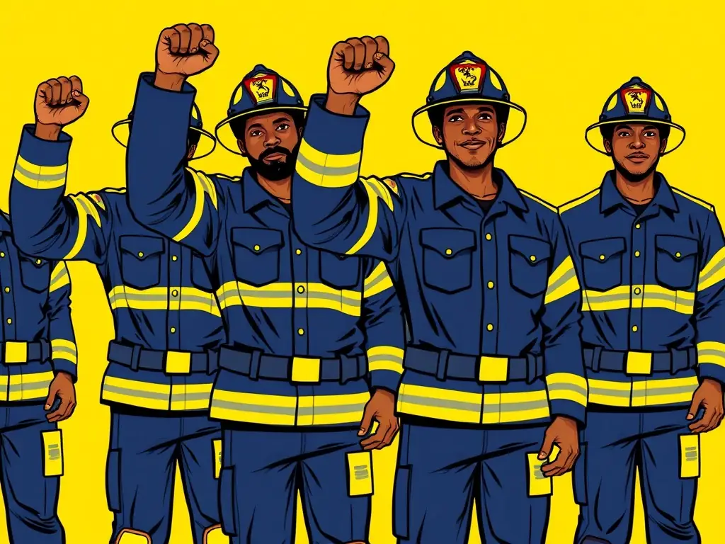 A group of firefighters standing together in solidarity, representing the collective bargaining power and advocacy efforts of the Federation of Island Rescue Employees.